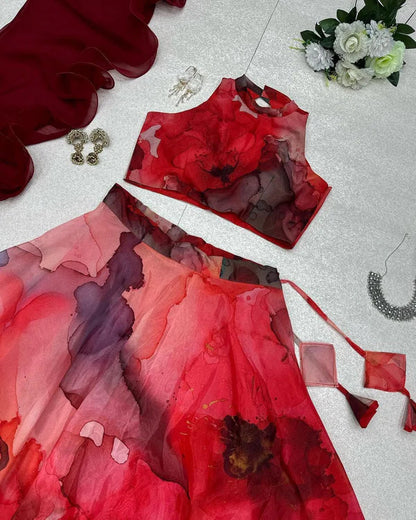 Amazing Organza Red Color Printed Lehenga Choli