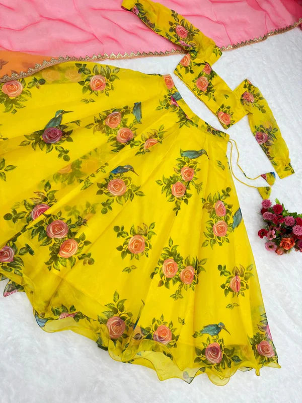 Attractive Yellow Color Organza Silk Lehenga Choli