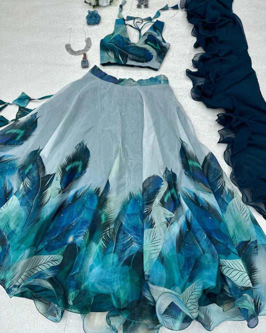 Beautiful Print Organza Sky Blue Color Lehenga Choli