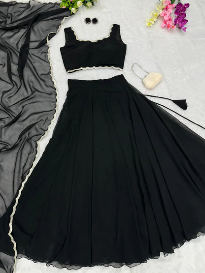 Black Color Plain Lehenga With Lace Work Blouse