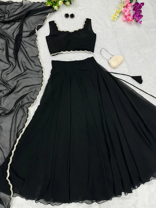 Black Color Plain Lehenga With Lace Work Blouse