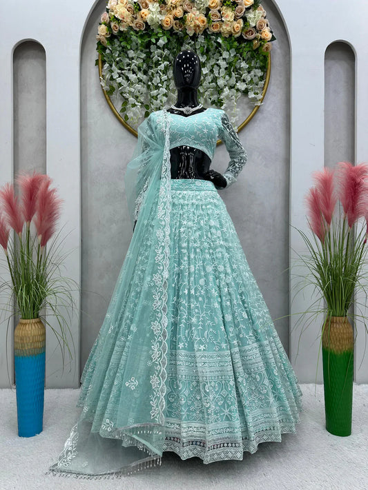 Delightful Sky Blue Color Thread Work Lehenga Choli
