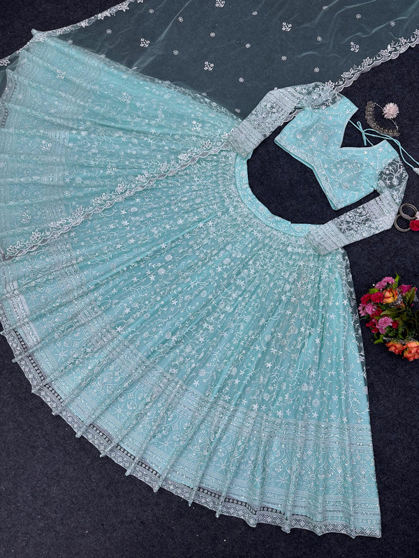 Delightful Sky Blue Color Thread Work Lehenga Choli
