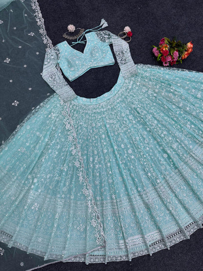 Delightful Sky Blue Color Thread Work Lehenga Choli