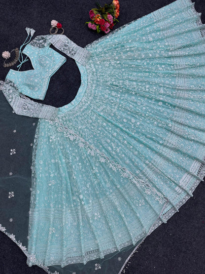 Delightful Sky Blue Color Thread Work Lehenga Choli