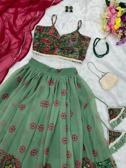 Digital Printed Pista Green color Kalamkari Lehenga Choli