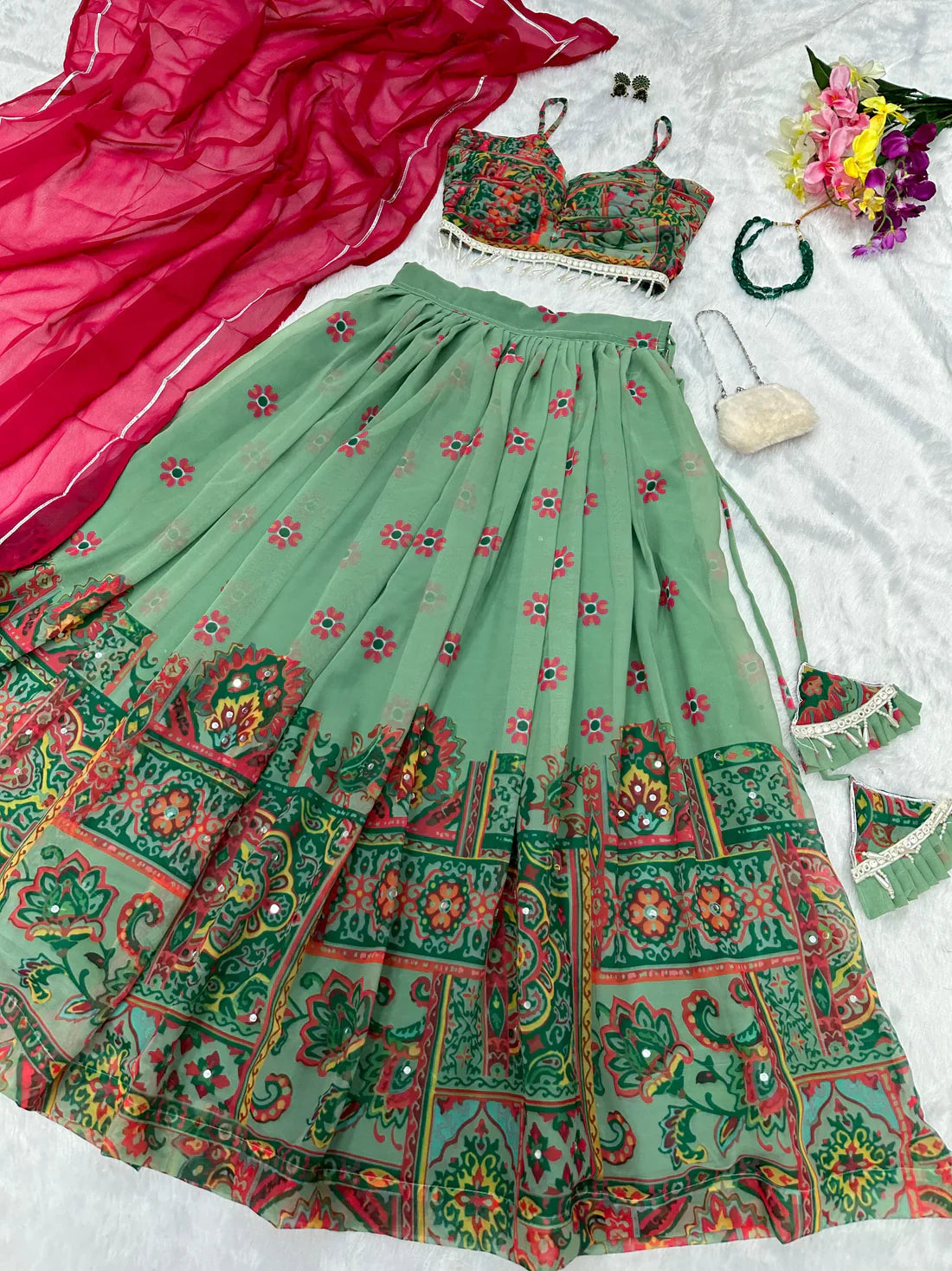 Digital Printed Pista Green color Kalamkari Lehenga Choli