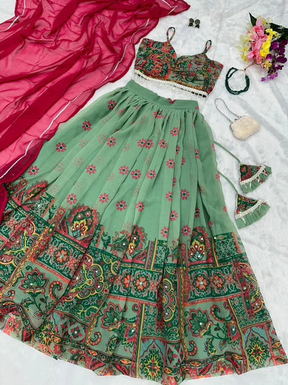 Digital Printed Pista Green color Kalamkari Lehenga Choli