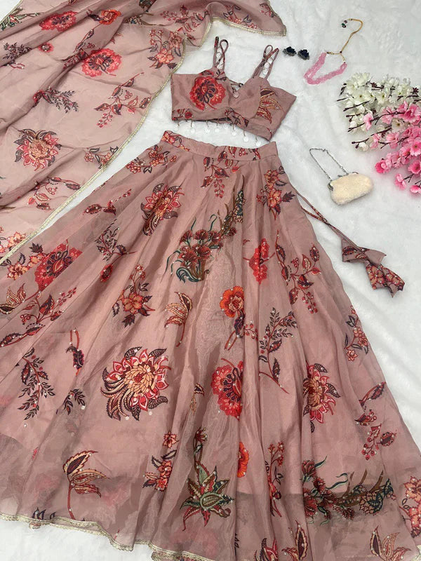 Dusty Pink Organza Silk Floral Printed Lehenga Choli