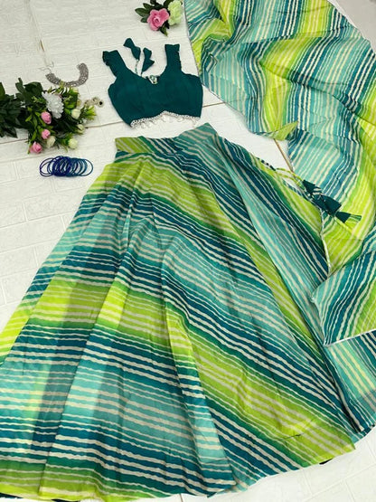 Excellent Green Color Leheriya Digital Print Lehenga Choli