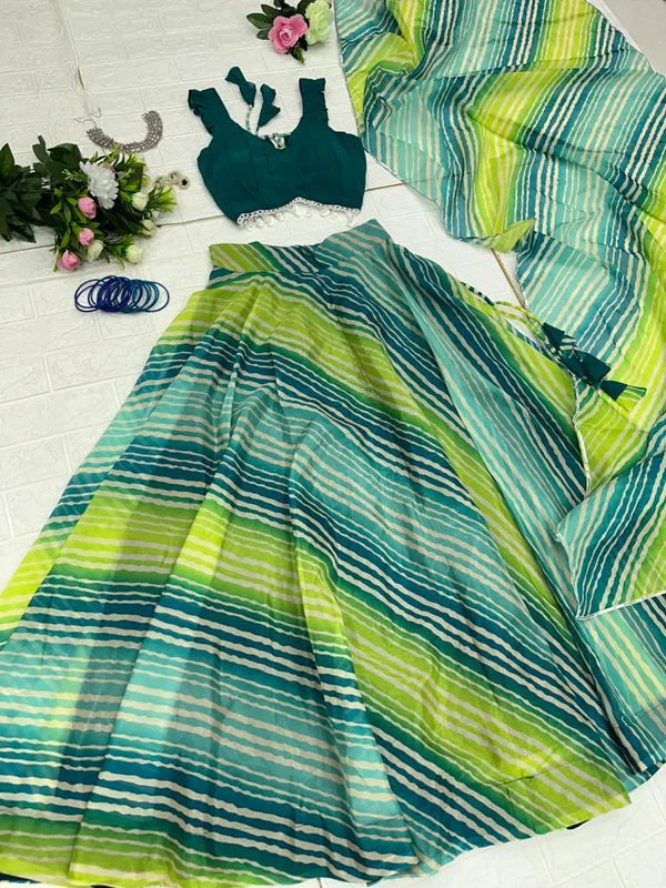 Excellent Green Color Leheriya Digital Print Lehenga Choli