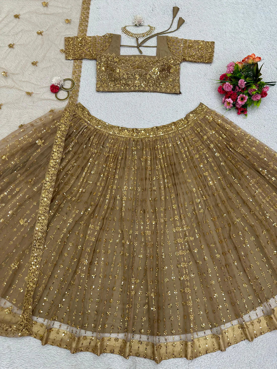 Exclusive Butterfly Net Beige Color Work Lehenga Choli