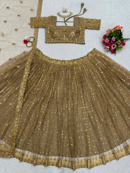 Exclusive Butterfly Net Beige Color Work Lehenga Choli