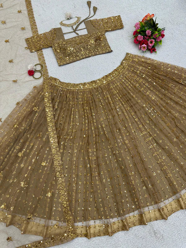 Exclusive Butterfly Net Beige Color Work Lehenga Choli