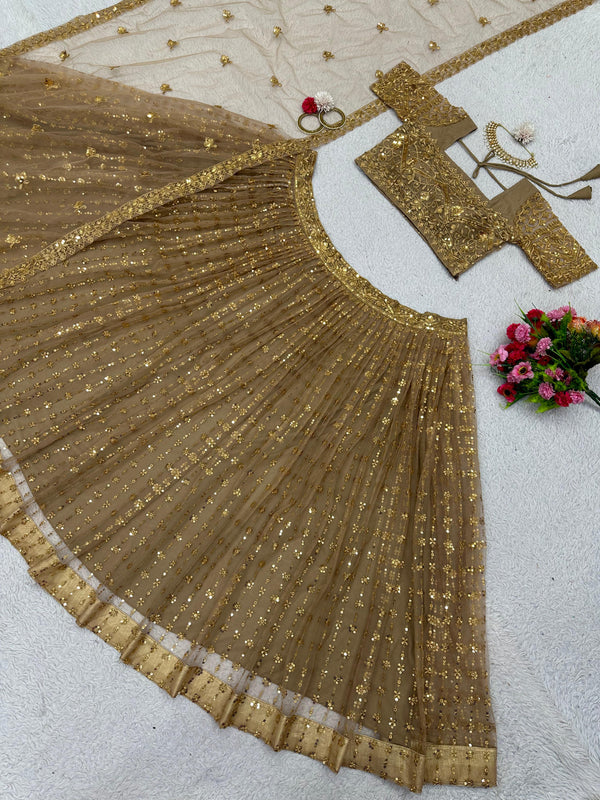 Exclusive Butterfly Net Beige Color Work Lehenga Choli