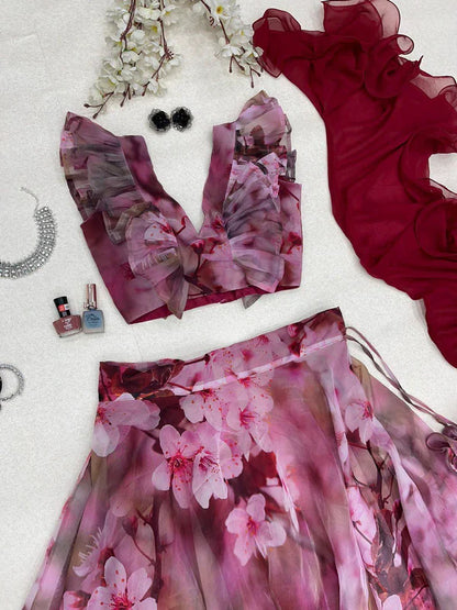 Fancy Digital Printed Organza Maroon Color Lehenga Choli