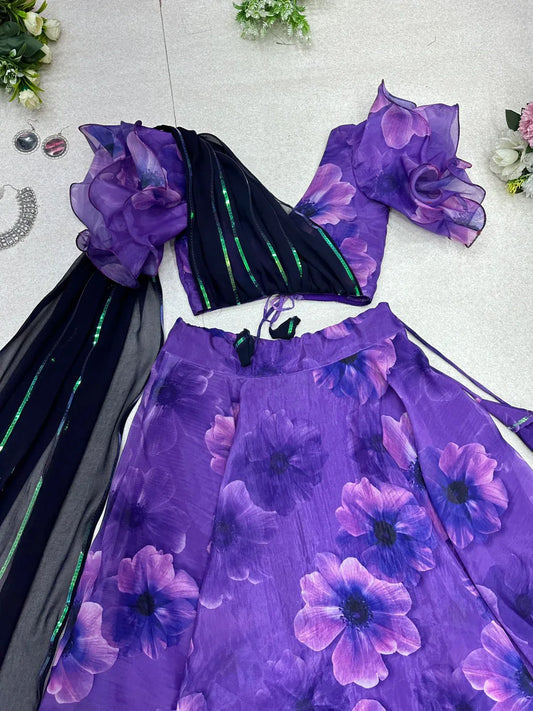 Fancy Purple Color Lehenga With Blouse Attached Dupatta
