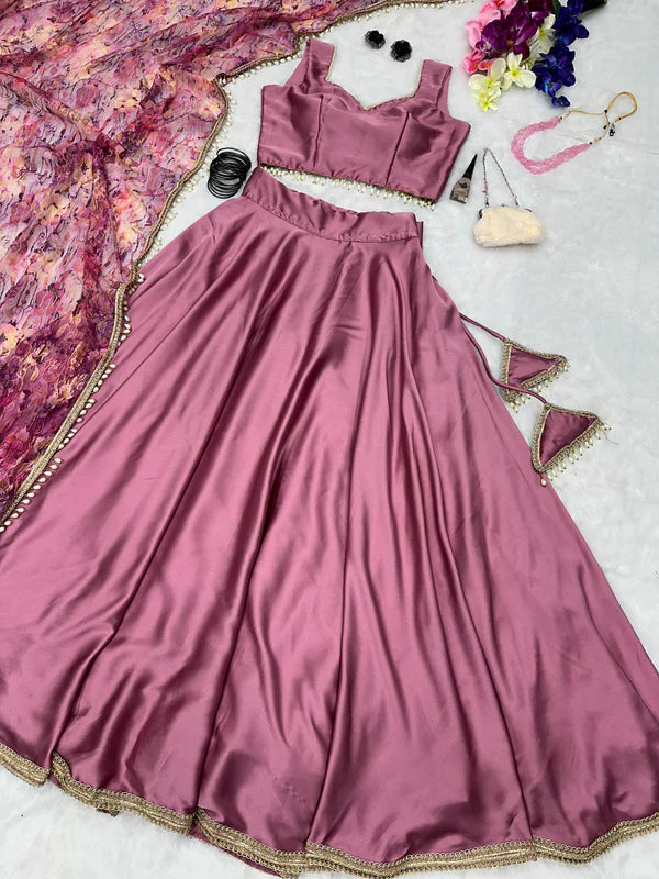 Fancy Satin Silk Dusty Pink Lehenga Choli With Net Dupatta
