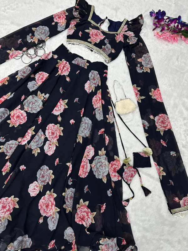 Flower Print Fancy Sleeves Pattern Black color Lehenga Choli