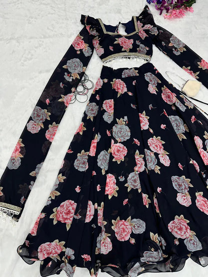 Flower Print Fancy Sleeves Pattern Black color Lehenga Choli