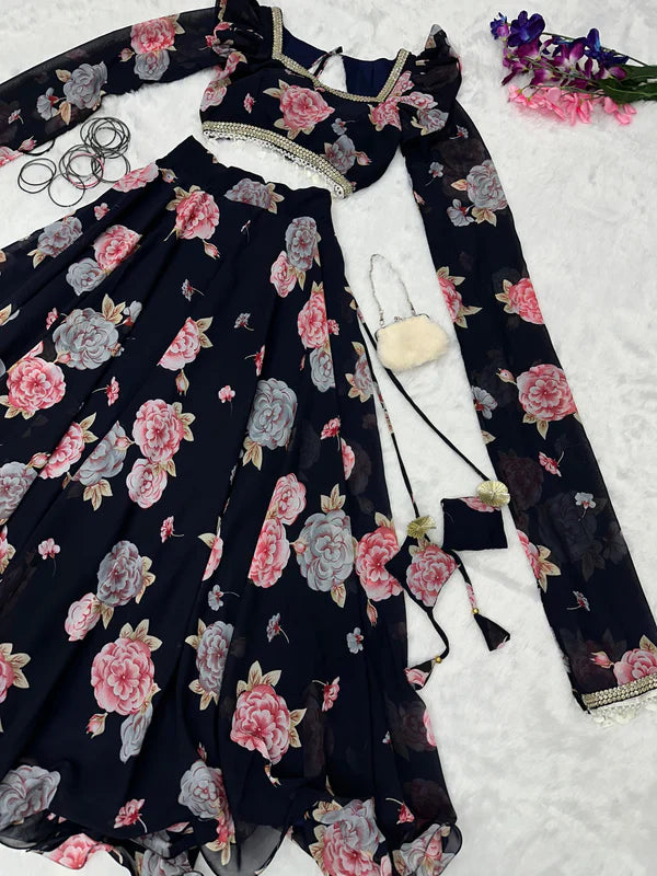 Flower Print Fancy Sleeves Pattern Black color Lehenga Choli