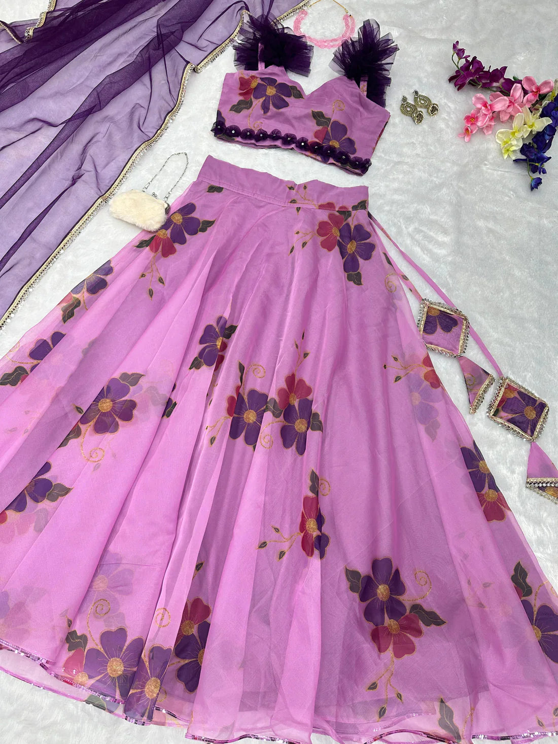 Flower Print Onion Color Organza Silk Lehenga Choli
