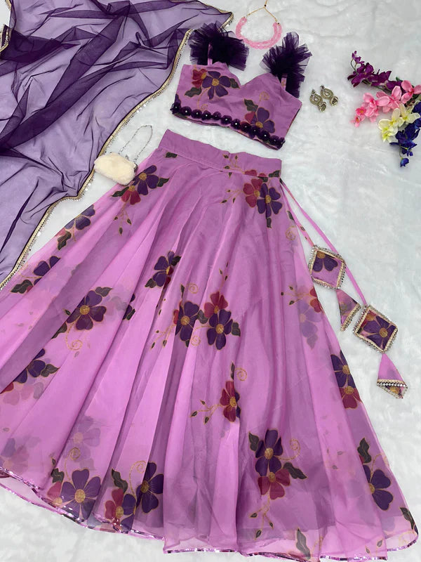 Flower Print Onion Color Organza Silk Lehenga Choli
