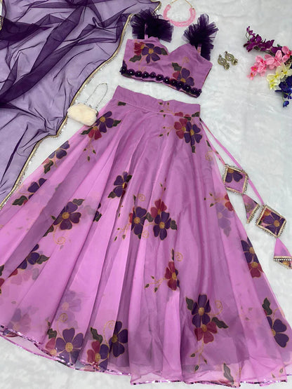 Flower Print Onion Color Organza Silk Lehenga Choli