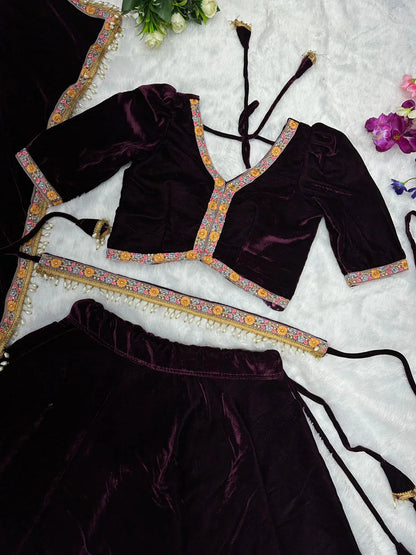 Good Looking Wine Color Fully Stitched Lehenga Choli