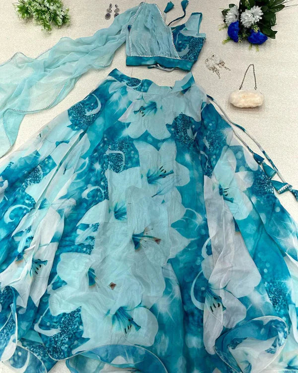 Gorgeous Sky Blue Color Lehenga Blouse With Attach Dupatta