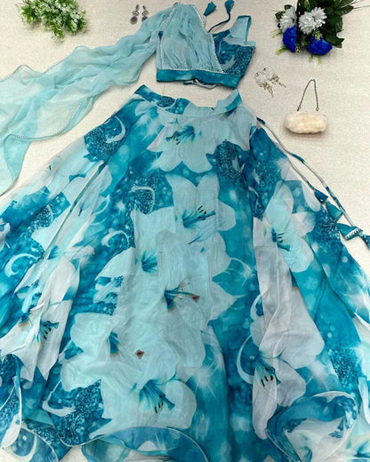 Gorgeous Sky Blue Color Lehenga Blouse With Attach Dupatta