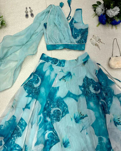 Gorgeous Sky Blue Color Lehenga Blouse With Attach Dupatta