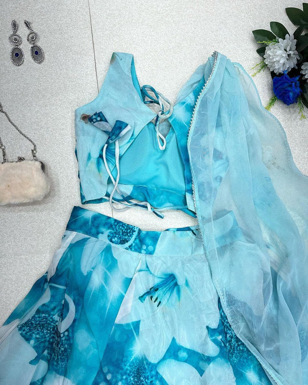 Gorgeous Sky Blue Color Lehenga Blouse With Attach Dupatta