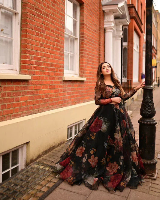 Graceful Multi Flower Printed Black Color Organza Lehenga Choli