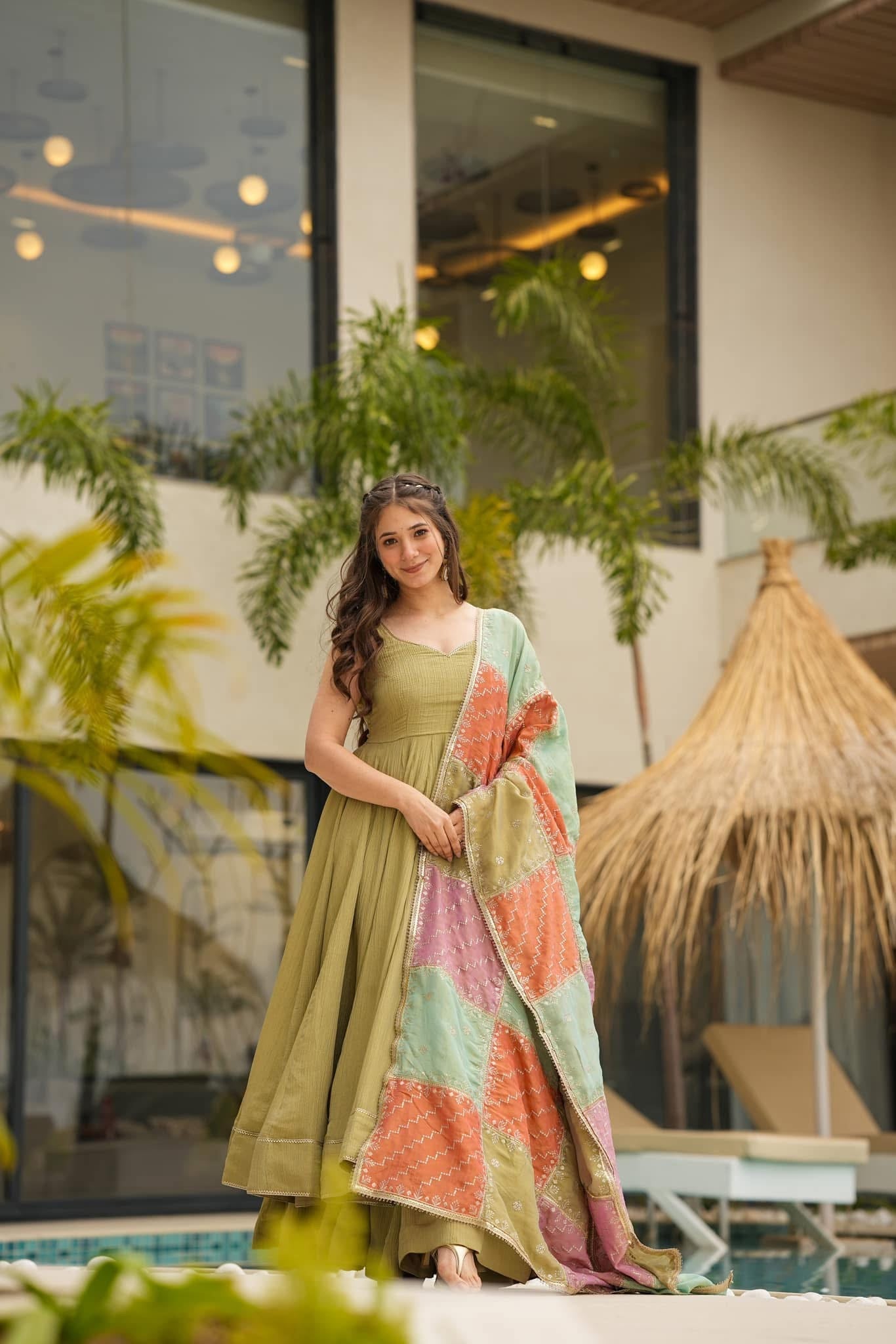Olive hue harmony Anarkali suit set