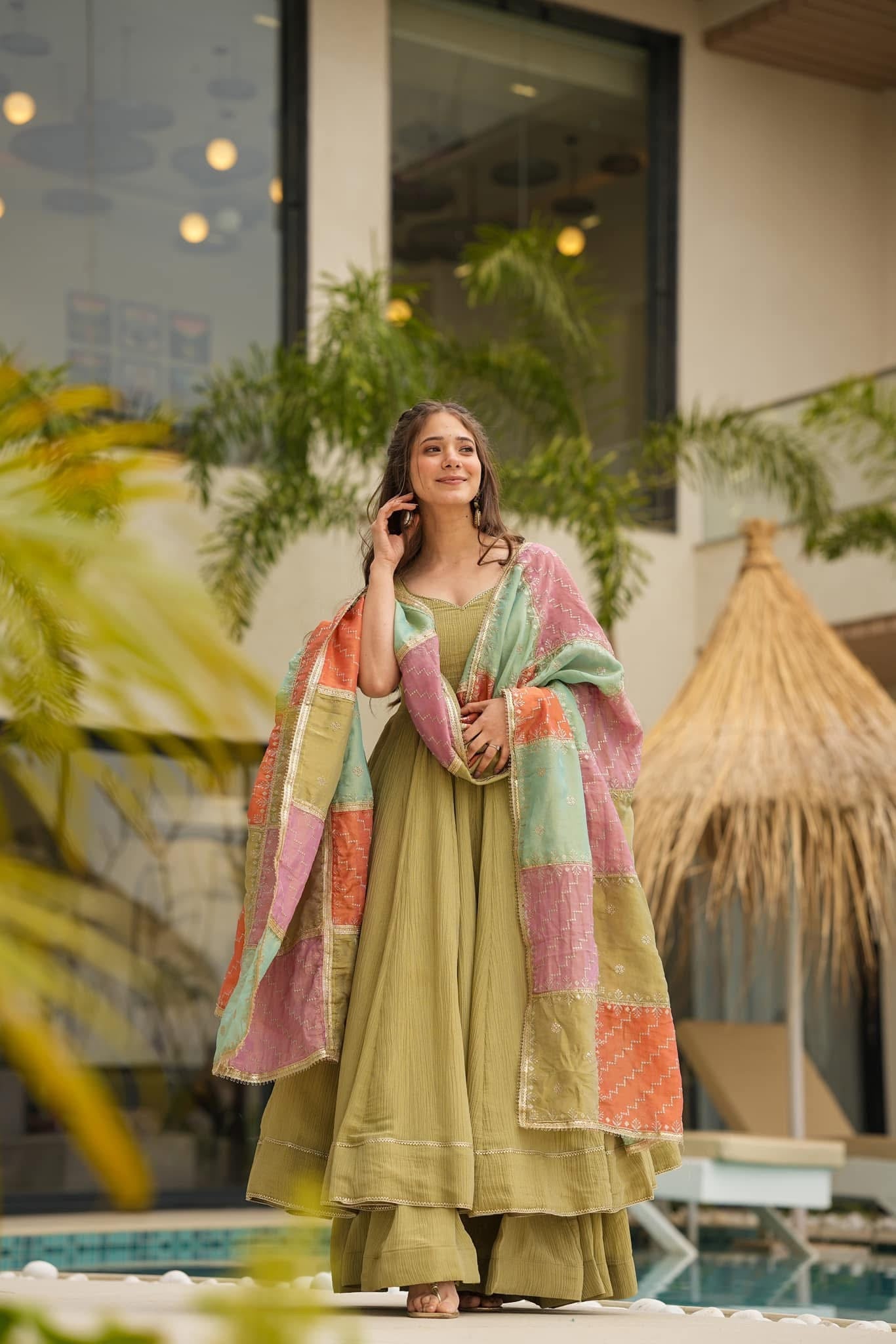 Olive hue harmony Anarkali suit set