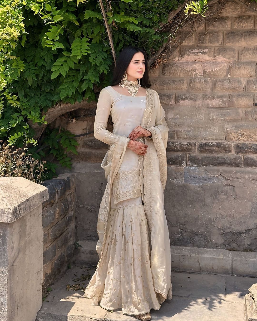 Delightful White Color Georgette Embroidery Work Sharara Suit