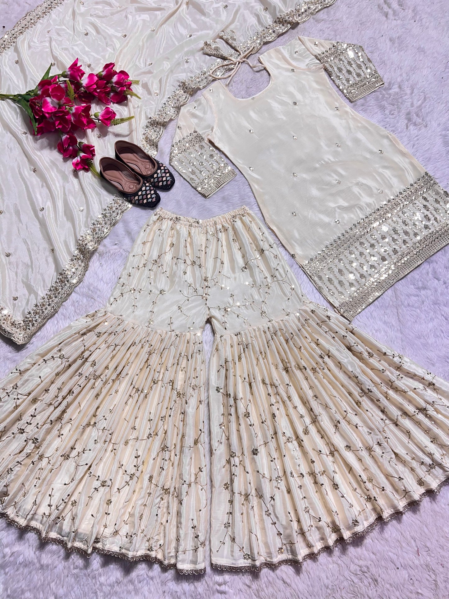 Delightful White Color Georgette Embroidery Work Sharara Suit