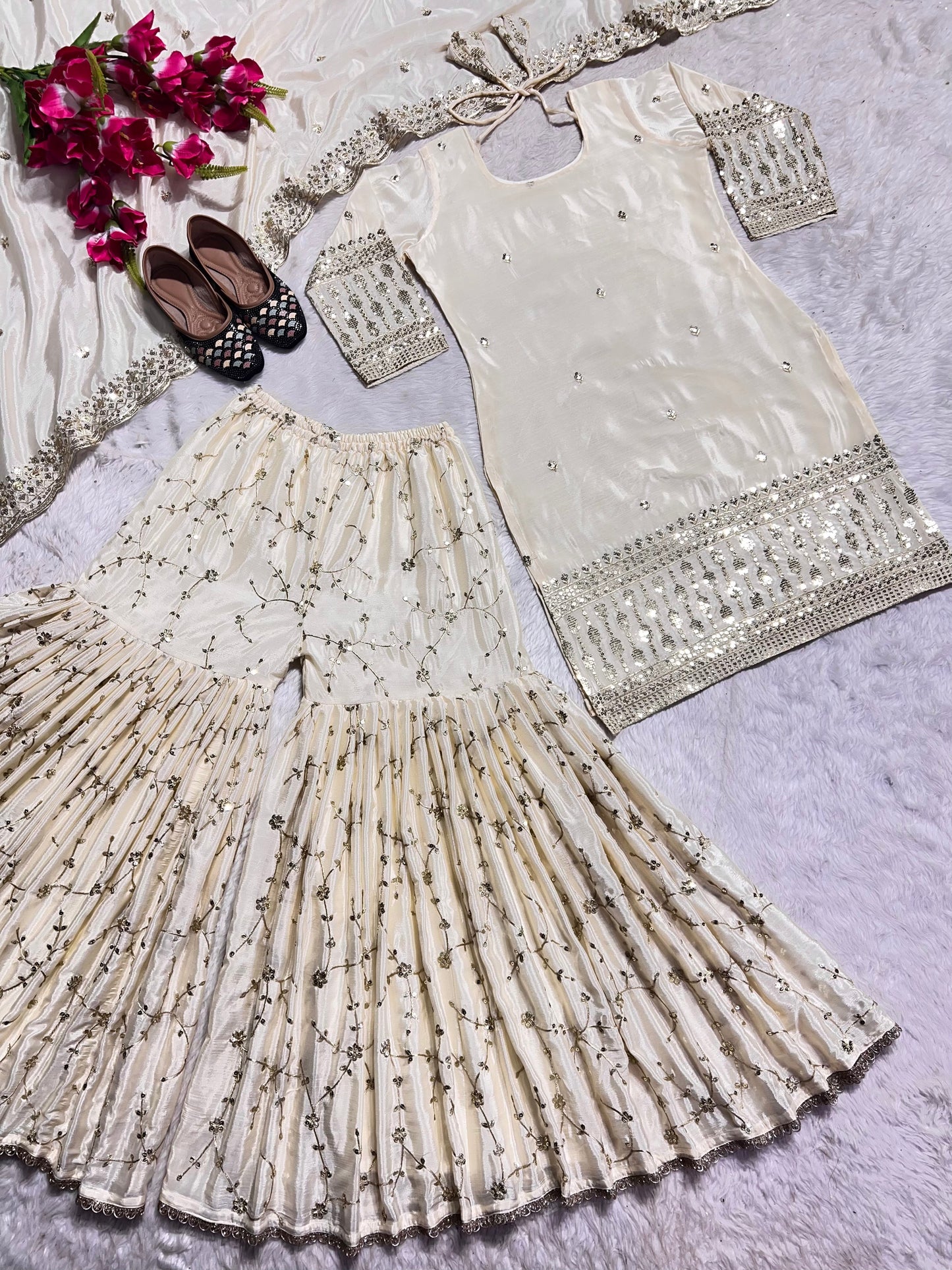 Delightful White Color Georgette Embroidery Work Sharara Suit