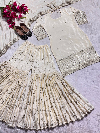 Delightful White Color Georgette Embroidery Work Sharara Suit
