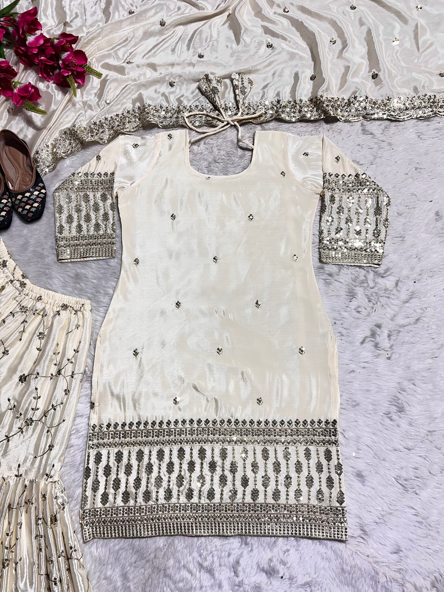 Delightful White Color Georgette Embroidery Work Sharara Suit