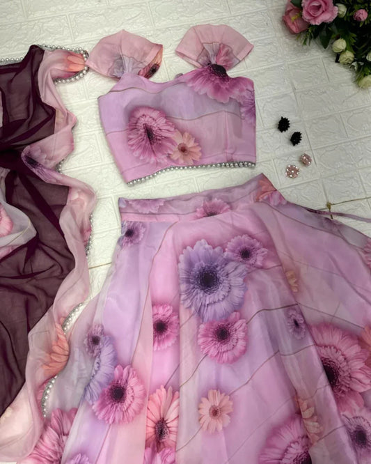 Light Pink Digital Printed Organza Lehenga Choli