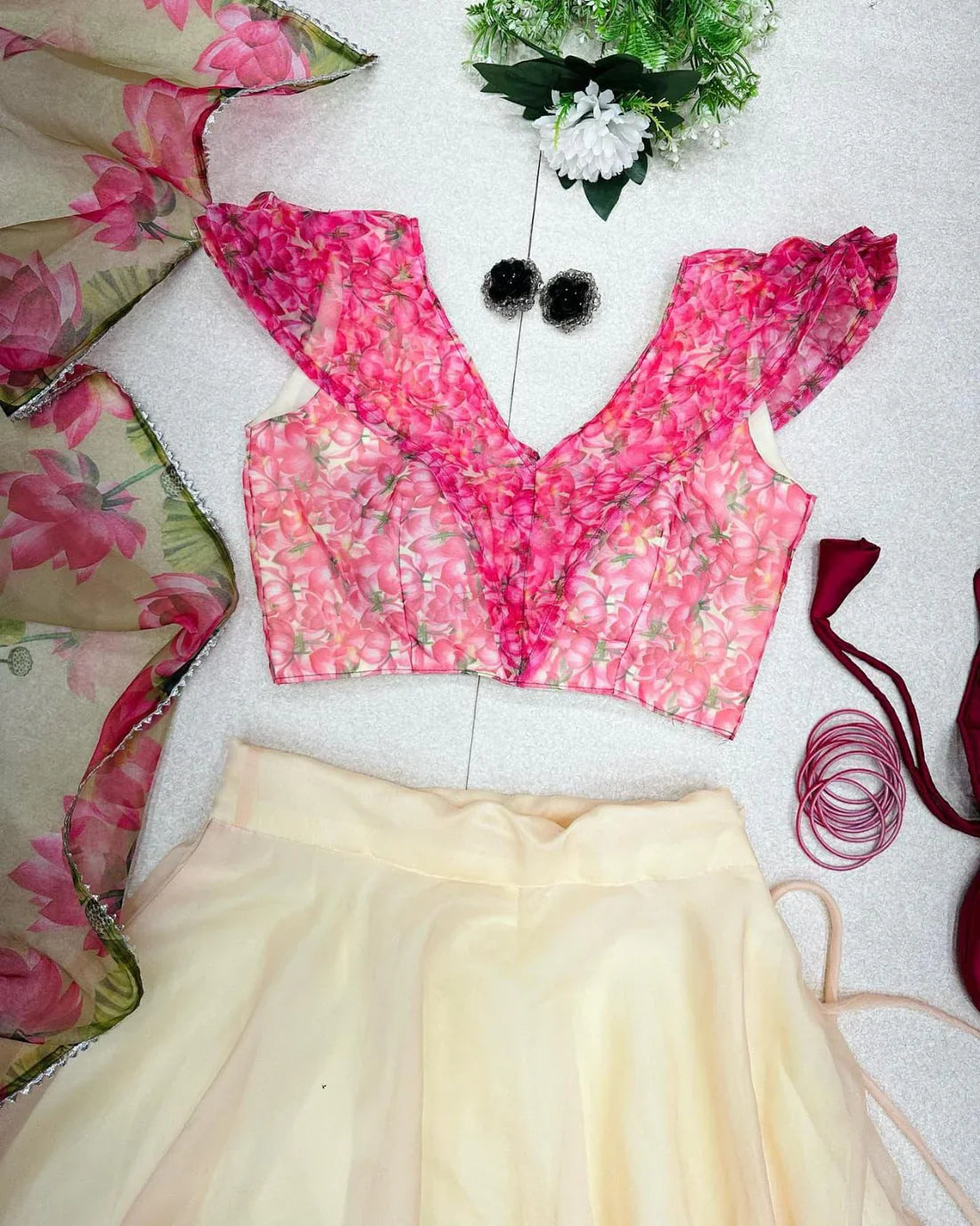 Low Cut Neck Off White Color Digital Printed Lehenga Choli