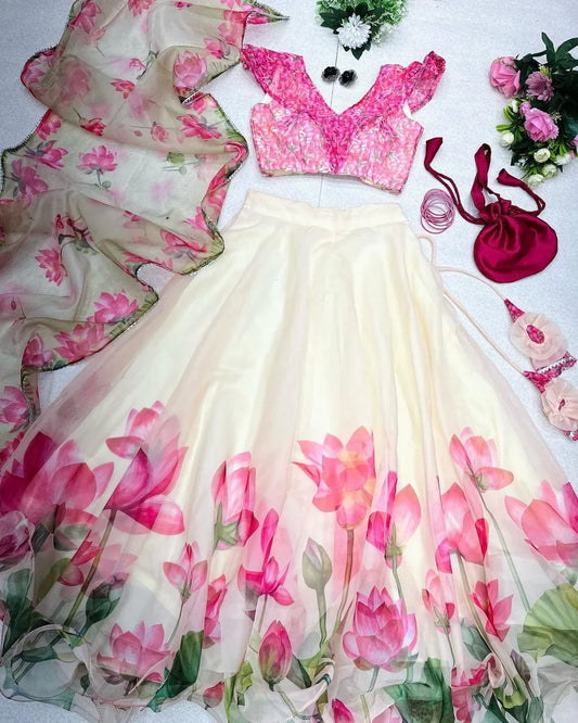 Low Cut Neck Off White Color Digital Printed Lehenga Choli
