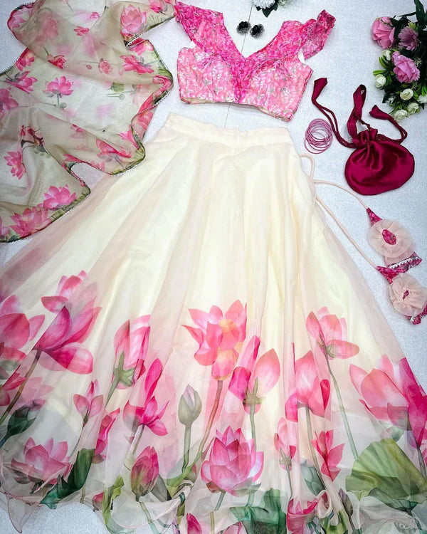Low Cut Neck Off White Color Digital Printed Lehenga Choli