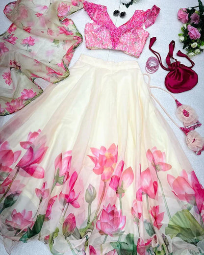 Low Cut Neck Off White Color Digital Printed Lehenga Choli