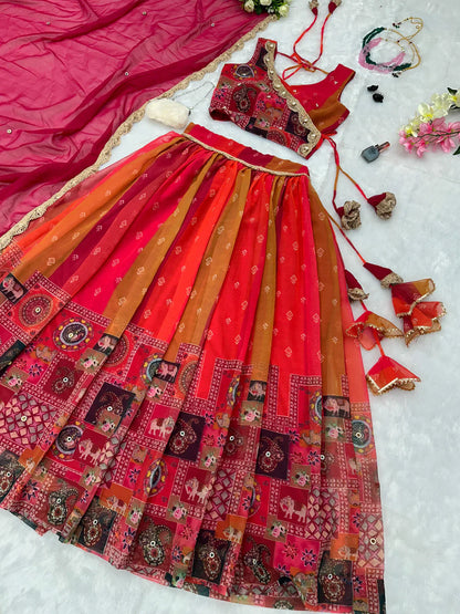 Multi Design Mustered With Red Color Lehenga Choli