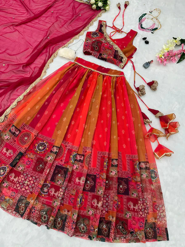 Multi Design Mustered With Red Color Lehenga Choli