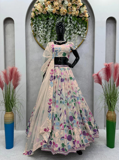 Multi Thread Work Off White Ceremony Wear Lehenga Choli
