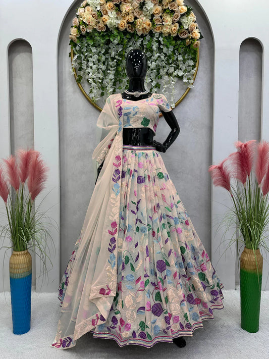 Multi Thread Work Off White Ceremony Wear Lehenga Choli